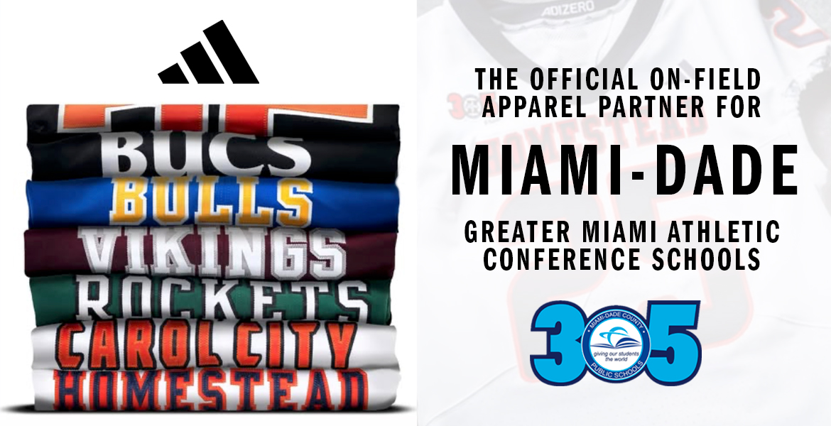 Stacked jerseys celebrating adidas partnership with Miami Athletic Conference Schools